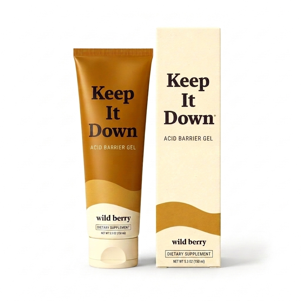 Keep It Down tube and carton on a white background, wild berry acid barrier gel