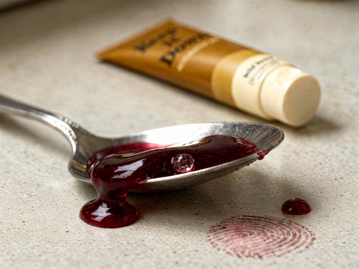 A spoonful of deep red wild berry gel, about one teaspoon, with the tube behind it