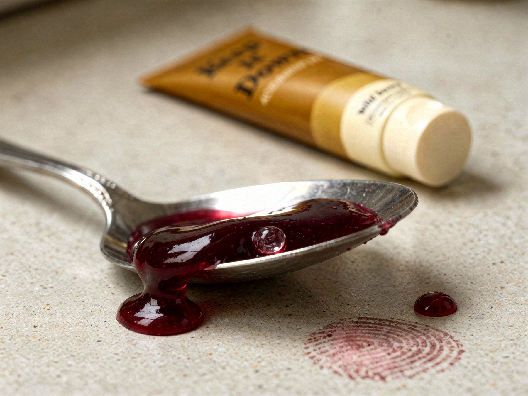 A spoonful of deep red wild berry gel, about one teaspoon, with the tube behind it